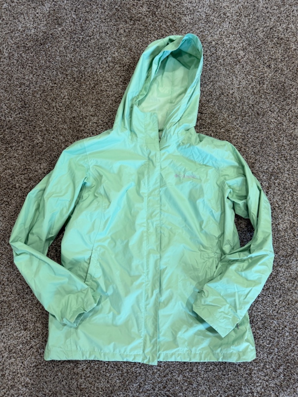 Columbia women’s Mint Green Hooded Rain Jacket large